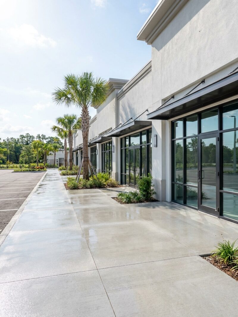 Commercial plaza walkway and storefront glass