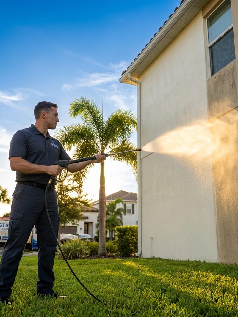 Technician soft washing a stucco wall