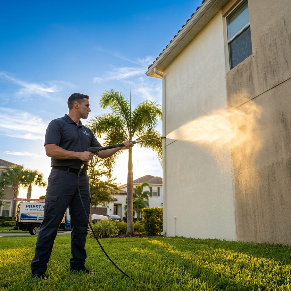 Technician soft washing a stucco wall, clean line visible